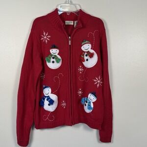 Vintage Classic Elements Christmas Snowmen Sweater Cardigan Zip Size Sm Petite